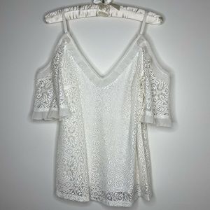 WHBM White Off the Shoulder Feminine Ruffle Lace Top S